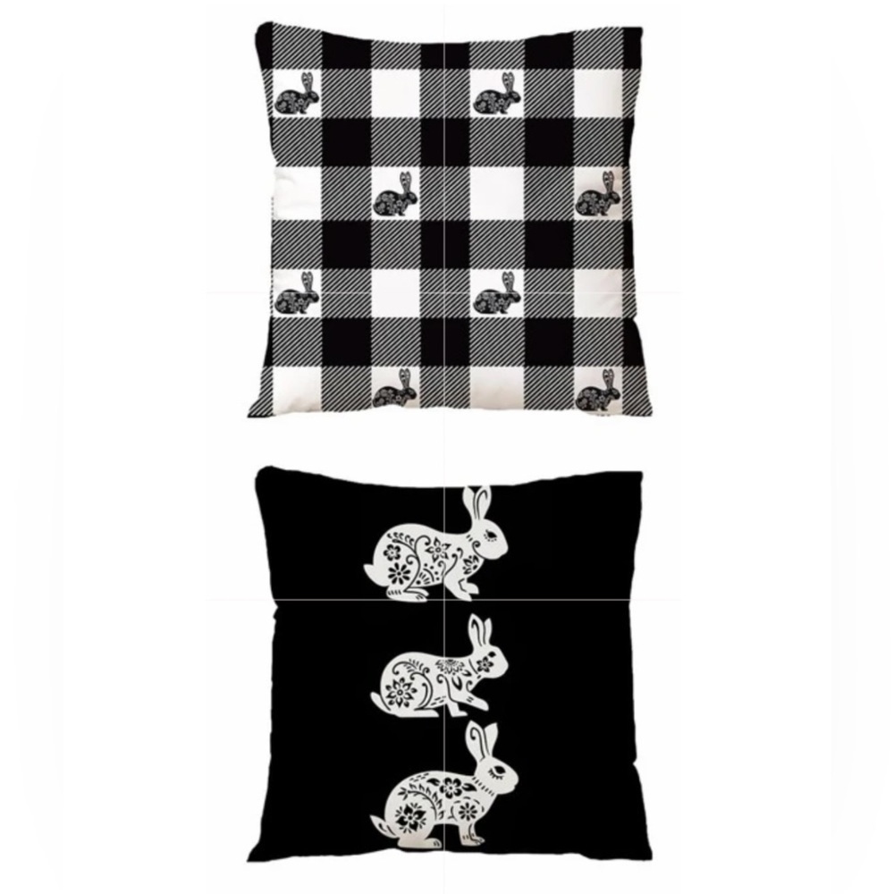 Seasonal Pillow Covers Easter Bunnies Zip Closure 17.7 In Black White Set of 2